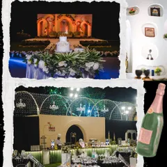 This collage captures the complete wedding story I help create. It features the grand stage, the elegant cake table, and a sweeping view of the beautifully lit food counters and guest seating.