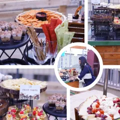 This collage captures the lively atmosphere of a party we catered. It shows the variety of our food spread, from cheese platters and fruit tarts to nachos and dips, with a guest enjoying the selection.