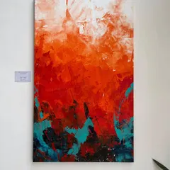 The abstract painting 'The Uprising' hanging on a clean white wall. This shows how a vertical 5x3 feet piece can add drama and height to a room.