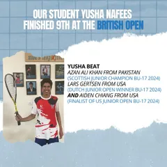 Yusha Nafees made a huge impact at the prestigious British Open, finishing 9th and beating top-ranked international players. This performance shows how our grassroots development program prepares players for global competition.