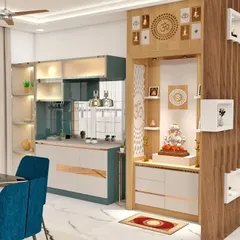 A comprehensive view of a dining area featuring a custom pooja unit and a matching crockery cabinet. The consistent use of wood, white, and backlighting creates a harmonious flow.