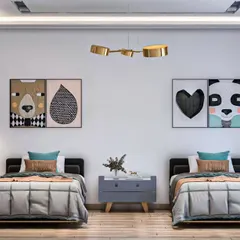 A clean and modern twin bedroom design featuring playful animal artwork. The simple color scheme and matching furniture create a cohesive look, while allowing each child's personality to shine through their own decor choices.