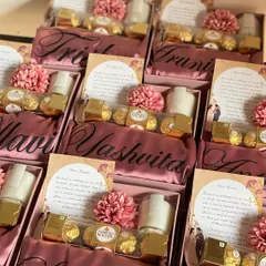 A simple and sweet way to ask, "Will you be my bridesmaid?" This lovely hamper includes a personalized satin robe, a beautiful scented candle, Ferrero Rocher chocolates, and a custom card for your special message.