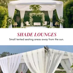 Elegant shade lounges for an outdoor day wedding. These small tented areas provide guests with a comfortable space to relax away from the sun.
