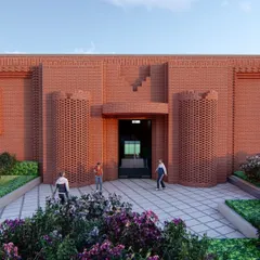 This concept render shows the front entrance of a villa, featuring an intricate exposed brick facade. The cylindrical brick structures flanking the entrance add a unique and powerful architectural character.