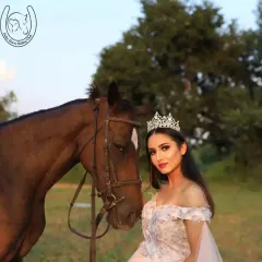 A fairytale-inspired photoshoot with a model in a beautiful gown and tiara. The natural, green background and the noble horse complete the enchanting scene.