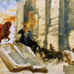 A detail from my painting "Temple of Light: Martand’s Eternal Flame." This section shows the clash of forces, with figures on horseback charging towards the temple, representing the historical conflict.
