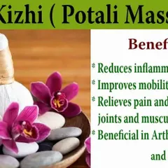 This is Ela Kizhi, also known as Potali or Potli massage. We use warm pouches filled with medicinal herbs to massage the body. This therapy is highly effective for reducing inflammation, relieving joint stiffness and muscle spasms, and is particularly beneficial for managing arthritic pains.
