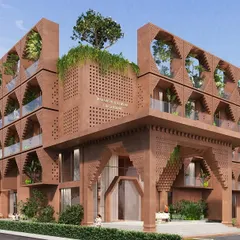For this wellness retreat in Tirupati, we designed a facade that honors the sacred soul of the city. The architecture features seven steps for the seven hills and incorporates divine motifs from Lord Sri Venkateswara, blending spiritual symbolism with modern, sustainable design.