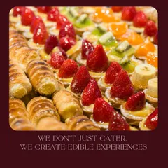 We don't just cater, we create edible experiences. This colorful assortment of mini fruit tarts and cream-filled pastries is a testament to our belief in making desserts that are both beautiful and delicious.