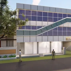 This 3D render is for a modern commercial building, suitable for offices or retail. The facade uses a combination of glass and composite panels with a dynamic diagonal element to create a visually interesting exterior.
