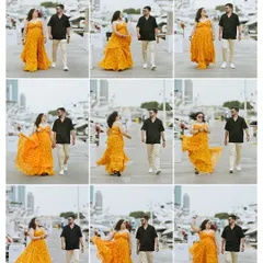 A sequence of nine images showing the couple walking and laughing along the Dubai marina, her yellow dress flowing beautifully. It’s a perfect narrative of their playful connection.