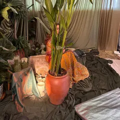 Another angle from the Khush Magazine set. We created a lush, moody environment with layers of green fabric, potted plants, and soft lighting to complement the bridal fashion.