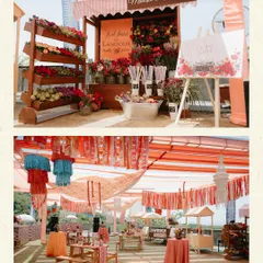 A glimpse into a 'Pahadi' themed welcome lunch and mehendi in Dehradun. This collage shows the rustic, earthy elements like the flower cart and tassel-draped canopy, setting a joyful and relaxed tone for the start of the wedding.