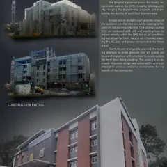 This board shows the St. John's Hospital during its construction phase. The design incorporates a central skylight court for natural light and cross-ventilation, a key passive design strategy to reduce energy consumption.