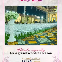 We have the ultimate capacity for a grand wedding season. This view highlights the vast seating arrangement on our lawn, with a unique patterned aisle leading to the main stage, ensuring every guest has a perfect view.