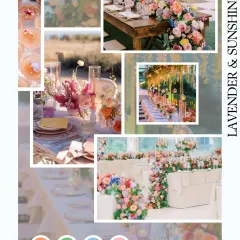 A 'Lavender & Sunshine' themed mood board. This fresh and cheerful blend of colors is perfect for a vibrant and happy celebration, like a Mehendi or Haldi function.