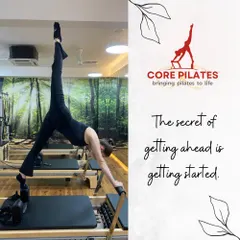 The secret of getting ahead is getting started. This impressive split stretch on the reformer demonstrates the amazing flexibility that can be achieved through dedicated practice.