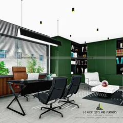 Another design concept for a home office, this time with a bolder, more dramatic look using dark green walls and black metal accents. We tailor the design to the client's personal style.