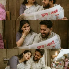 A triptych of a couple sharing a laugh over a Marathi newspaper. These candid shots perfectly capture their genuine interaction and the charming, old-world setting.