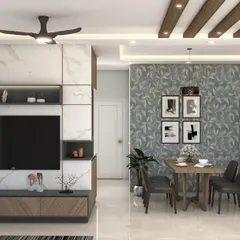This 3D design shows how we plan a combined living and dining area. We focus on creating a functional layout that defines each space while maintaining an open, connected feel, complete with a custom TV unit and coordinated dining furniture.