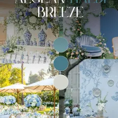 An "Aegean Breeze" theme, inspired by the blue and white of the Greek islands. This concept uses blue pottery, white hydrangeas, and elegant furniture for a sophisticated and refreshing look.