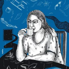 This piece is about finding calm in the middle of chaos. A woman sips her tea peacefully while the world around her is in flux, with objects floating and a river flowing through her room. It’s a surreal take on maintaining inner peace.