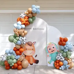 A playful Cocomelon and farm animal theme, combining characters from the popular show with cute horse and cow details for a fun and colorful birthday backdrop.