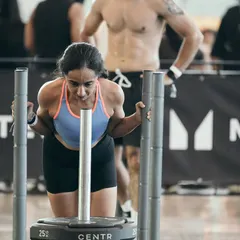 Pushing the sled at HYROX. This is a perfect example of the kind of challenging, full-body movements I incorporate into my programs to build real-world strength.