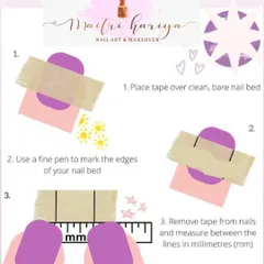 A step-by-step visual guide on how to measure your nails using tape. Just place the tape, mark the edges, and then measure the distance in millimeters with a ruler.