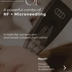 This graphic explains the powerful combination of radiofrequency and microneedling. The device delivers RF energy deep into the skin to melt fat and stimulate collagen, resulting in firmer, smoother, and more sculpted skin.