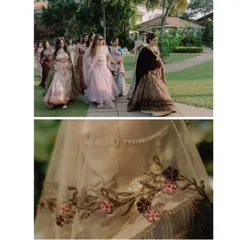 A diptych showing the bride's procession with her bridesmaids and a close-up of her intricately embroidered veil. A story of friendship and fine details.