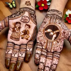 A heartfelt Raksha Bandhan design celebrating the bond between a brother and sister. One palm shows a custom portrait with 'My Super Bro', while the other features the symbolic act of tying a rakhi.