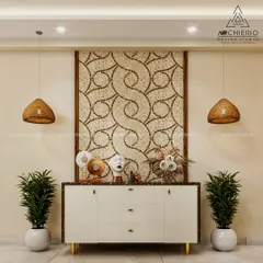 A design concept for a console area, featuring a stunning mosaic art piece, wicker pendant lights, and minimalist decor.