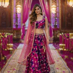 This image captures the confident and stylish vibe of the pink and purple lehenga. The crop top and flowing skirt are perfect for an evening of dance and celebration.
