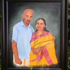 This is a commissioned oil painting on canvas, created to be a timeless family heirloom. My goal with oil portraits is to achieve a classic, rich quality that captures the dignity and warmth of the subjects for generations to enjoy.