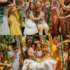 The pure fun of a Haldi ceremony in Goa. Capturing the couple being lifted up by friends and family shows the true spirit of the celebration.