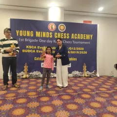 Champion Sahasra proudly accepts her 4th prize award in the Under-9 category. We celebrate the success of all our young players at every event.