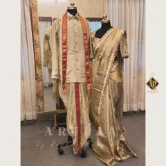 Creating a unified look for the bride and groom is one of my favorite things to do. Here's a preview of a coordinated muhurtham set, featuring a hand-embroidered Kanjivaram saree for her and a matching embroidered raw silk kurta and dhoti for him.