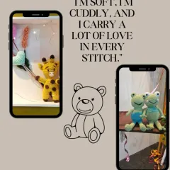 A collage showcasing our soft and cuddly amigurumi. From a sweet giraffe to a pair of friendly frogs, each toy carries a lot of love in every stitch.