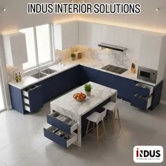 This 3D render visualizes a spacious blue and white island kitchen. The design includes ample storage within the island and showcases how we plan for both aesthetics and practicality.