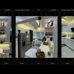 A filmstrip-style collage showcasing different views of a European-inspired white kitchen, highlighting the open layout, breakfast counter, and detailed decor.