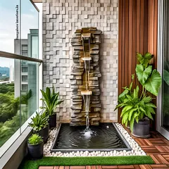 To create a truly tranquil atmosphere, I often incorporate water features. This design features a custom slate waterfall that provides a calming sound, surrounded by elegant wood-look deck tiles and a textured stone wall. It’s a perfect example of a Zen-inspired balcony that brings a sense of peace to your home.