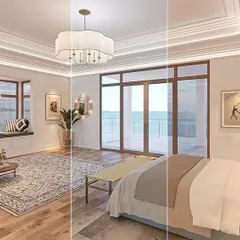 This composite image shows how one bedroom can have multiple personalities. With tunable lighting, you can shift from a bright, airy daytime feel to a cozy, warm nighttime ambiance instantly.