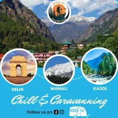 Our "Chill & Caravanning" package from Delhi to Manali and Kasol is perfect for a group of friends. This graphic shows the key destinations, promising a trip filled with scenic drives and mountain air.