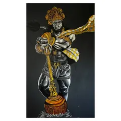 Another full-view shot of the Hanuman mural. This perspective highlights the dynamic pose and the contrast between the detailed gold ornaments and the powerful grey tones of his body. It's a piece meant to inspire strength and devotion.