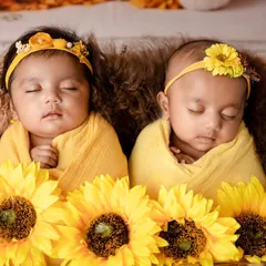 Two little sunflowers. These twin girls are dressed in yellow wraps and floral headbands, sleeping peacefully in a basket surrounded by bright sunflowers.