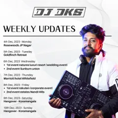 My weekly updates from December 2023, featuring a wedding at Natures Luxuri Resort, a corporate event for Rakuten, and gigs at Marriott Hotel Whitefield.