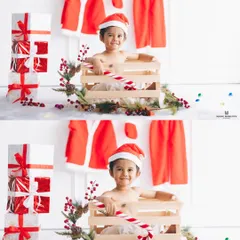 A cheerful portrait from our holiday-themed shoot. The setup includes a stack of presents and a miniature Santa suit, creating a clean and festive look for this little boy's photo.