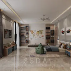 This kids' bedroom balances calm and playful design. A neutral palette is enlivened by a hand-painted world map mural and an interactive pegboard wall with adjustable shelves that can be reconfigured as the child grows.